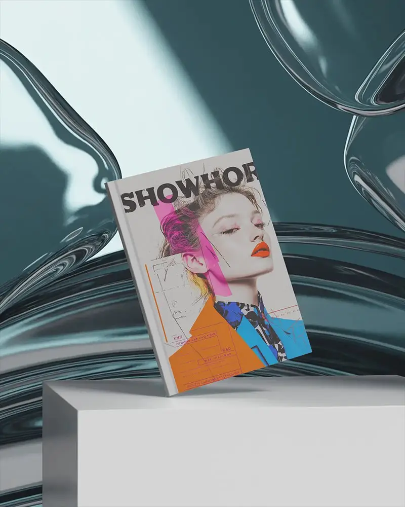 Upright Magazine Mockup Tilted On White Pedestal Against Liquid Glass Abstract Background With Modern Lighting 0223