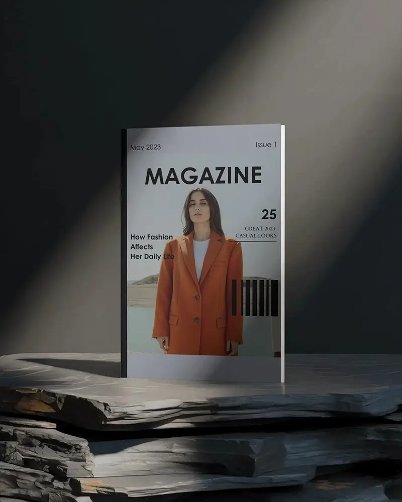 Upright Magazine Mockup On Layered Slate Stone Surface With Dramatic Spotlight And Dark Minimal Background 0225