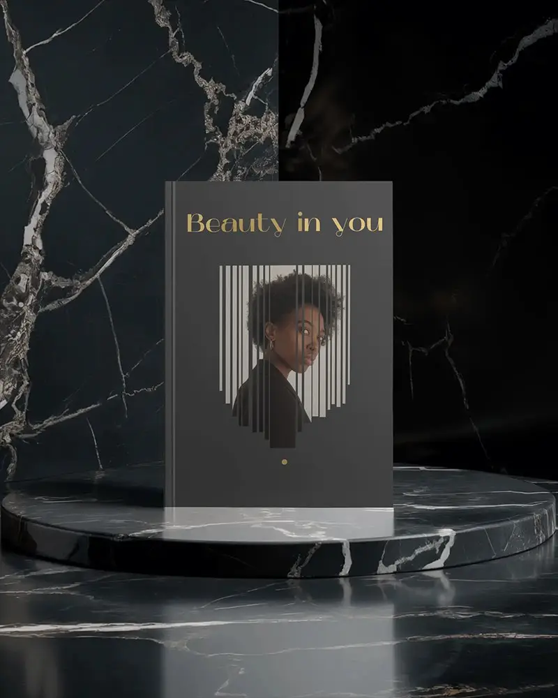 Luxury Magazine Mockup Standing Upright On Black Marble Podium With Veined Stone Wall Background 0226