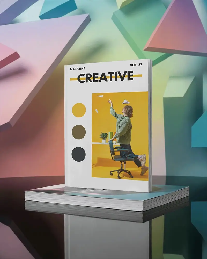 Upright Magazine Mockup Stacked On Books With Colorful 3d Geometric Shapes In Soft Gradient Background 0230