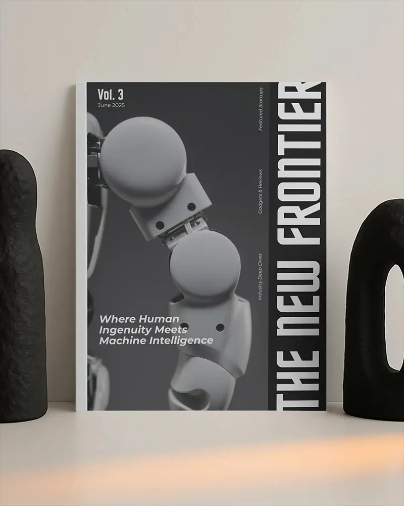Minimal Upright Magazine Mockup On Beige Surface With Abstract Black Sculptures And Soft Studio Light 0231