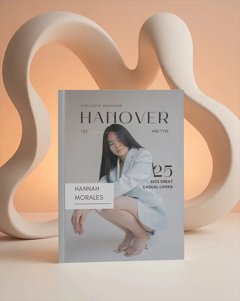 Upright Magazine Mockup In Front Of Organic Abstract Sculpture On Soft Peach Background With Warm Lighting 0234