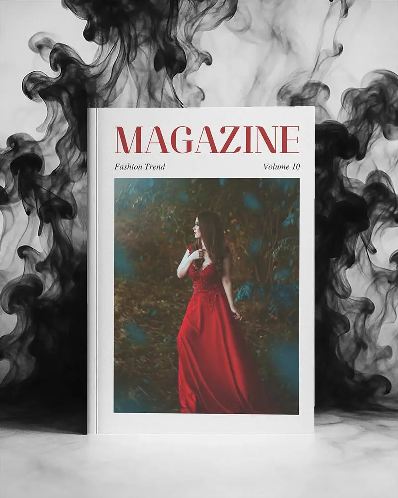 Upright Magazine Mockup Against Black Smoke Swirling Background On White Surface With High Contrast Lighting 0235