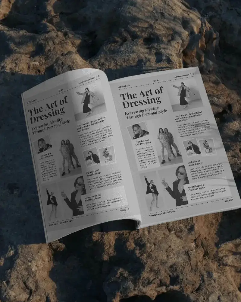 Rugged Outdoor Magazine Mockup Top View Open Booklet On Weathered Rock Surface In Natural Sunset Lighting 0237