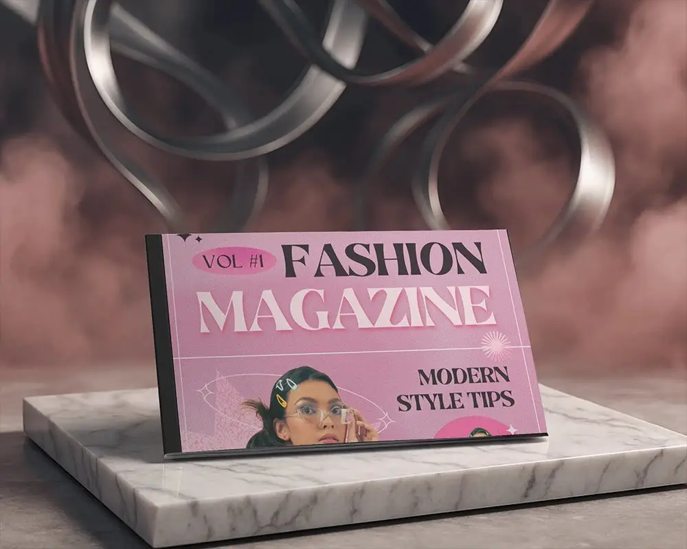 Premium Landscape Magazine Mockup Horizontal Cover On Polished Marble Slab With Metallic Ribbon Background 0239