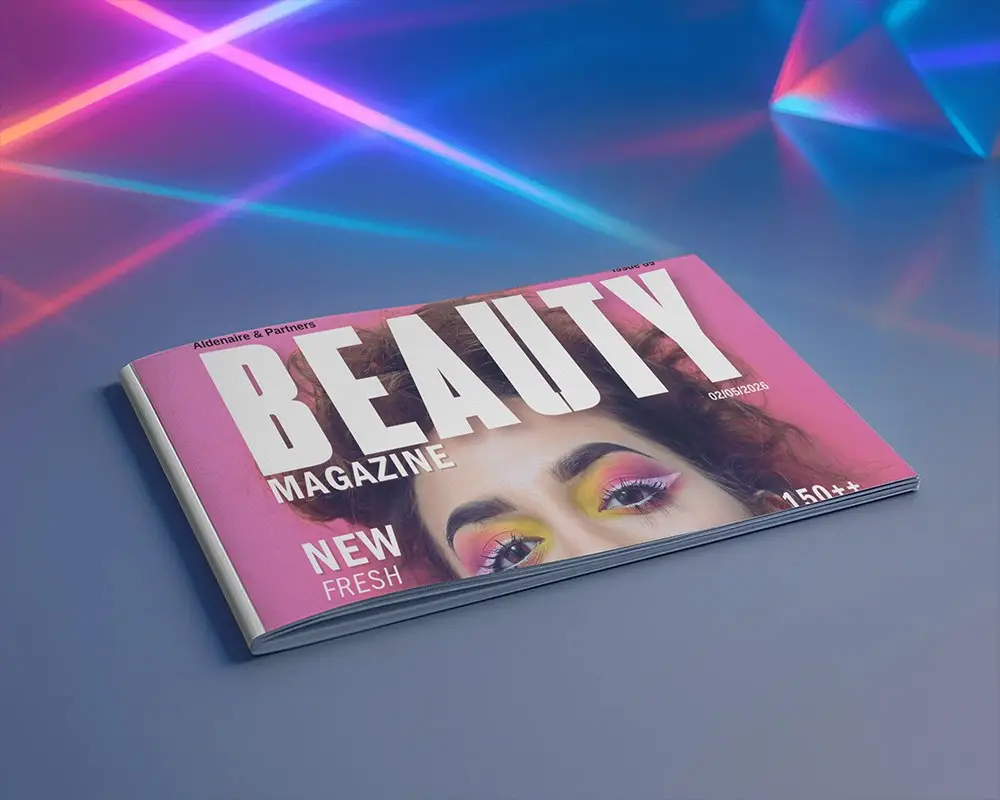 Futuristic Horizontal Magazine Mockup Placed On Blue Surface With Vibrant Neon Light Beams And Prism Effects 0240