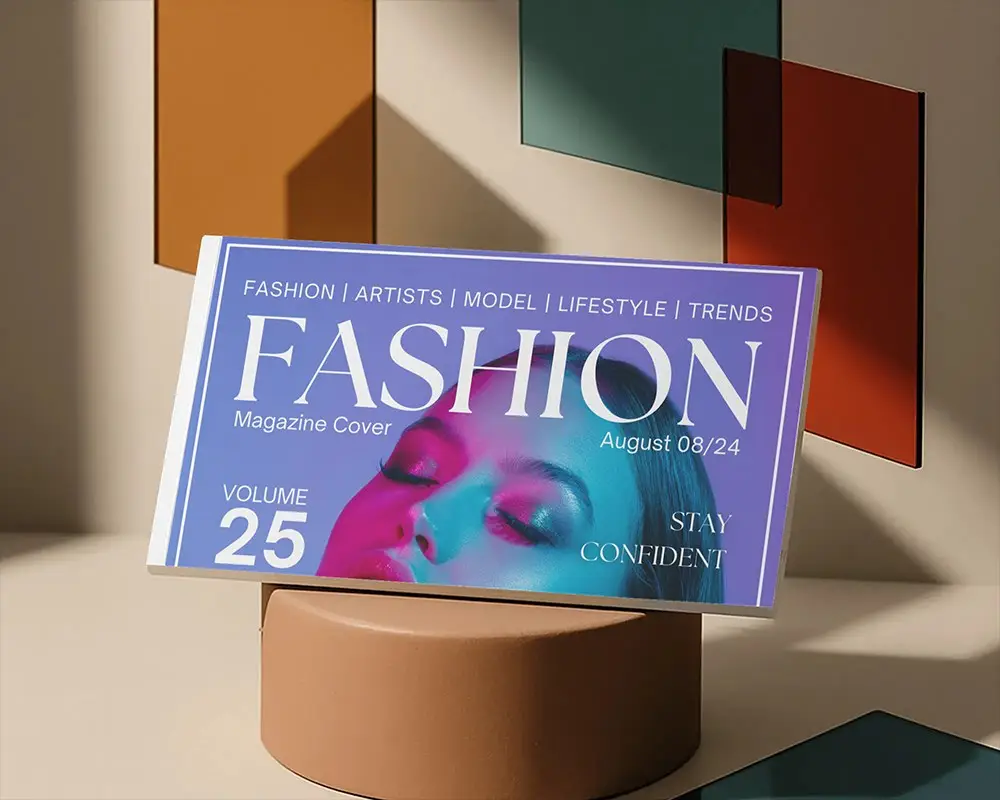 Modern Artistic Horizontal Magazine Mockup On Round Podium With Minimal Colored Rectangles In Soft Sunlight 0241