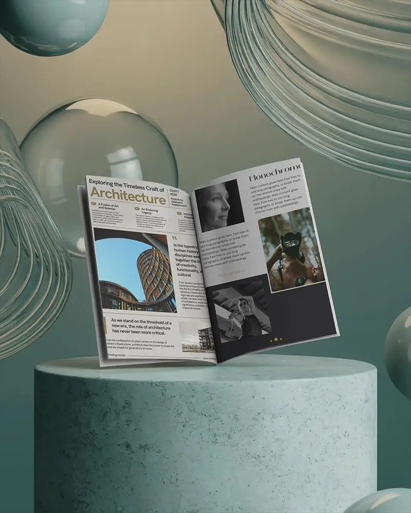 Modern Editorial Magazine Mockup Open Pages On Stone Platform With Floating Glass Elements In Studio Lighting 0242
