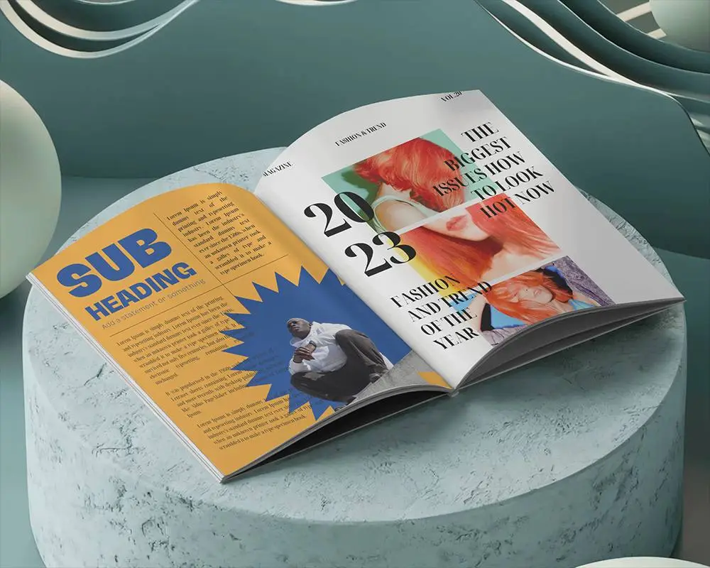 Modern Open Magazine Mockup On Circular Concrete Platform With Smooth Wavy Abstract Background 0243