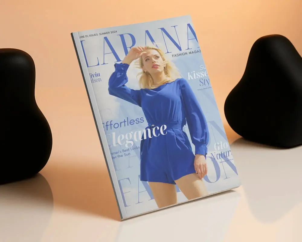 Minimalistic Upright Magazine Mockup On Glossy Surface With Soft Orange Background And Black Decor Elements 0244