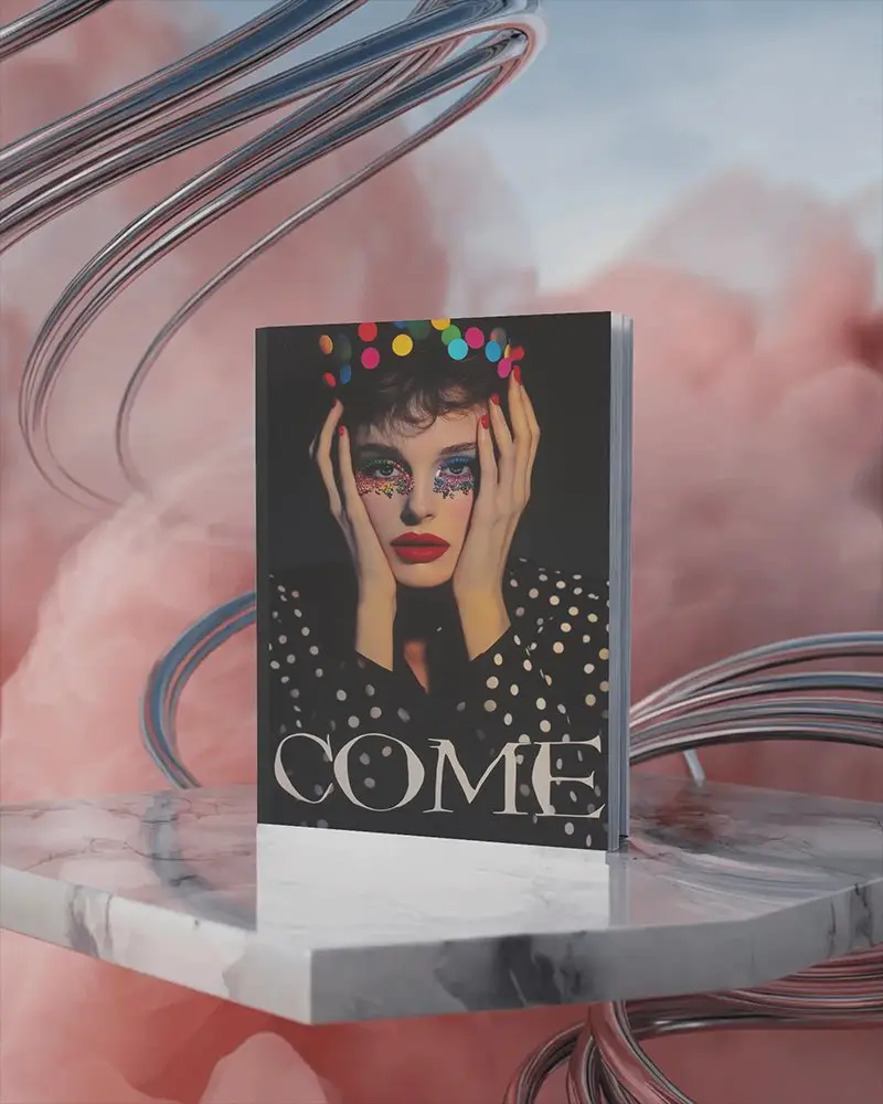 Futuristic Display Magazine Mockup Upright Vertical Layout On Marble Platform With Floating Spirals 0246