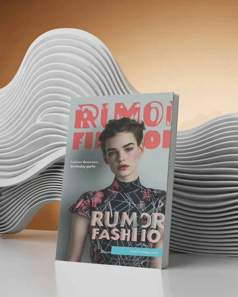 Sculptural Wave Background Magazine Mockup Standing On White Surface With Abstract Layered Panels 0247