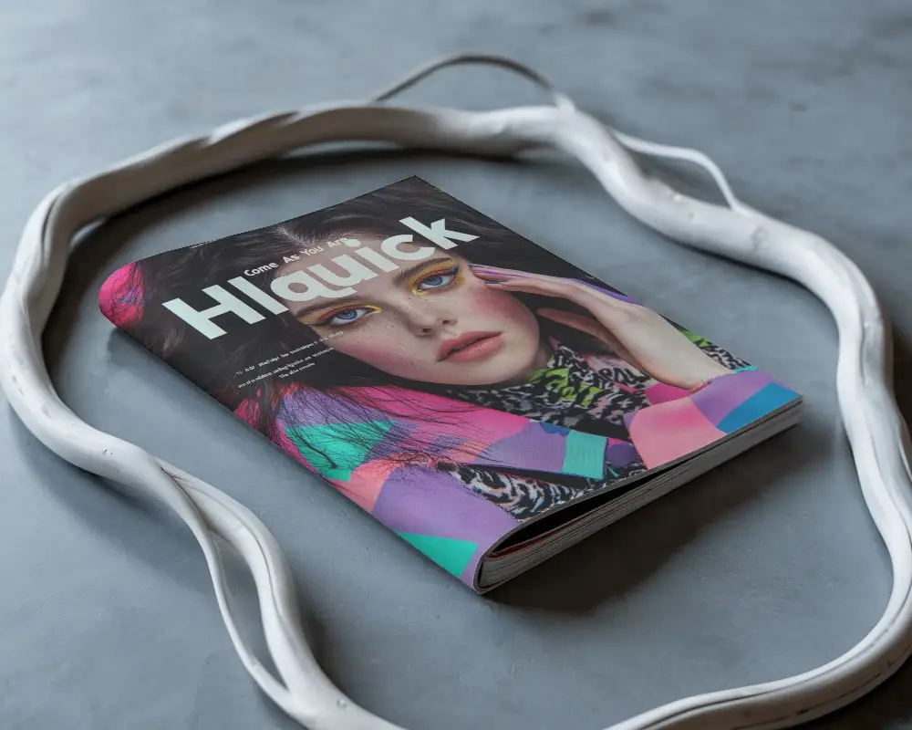 Flat Lay Minimal Magazine Mockup On Blue Stone Surface Surrounded By Curved White Frame 0248