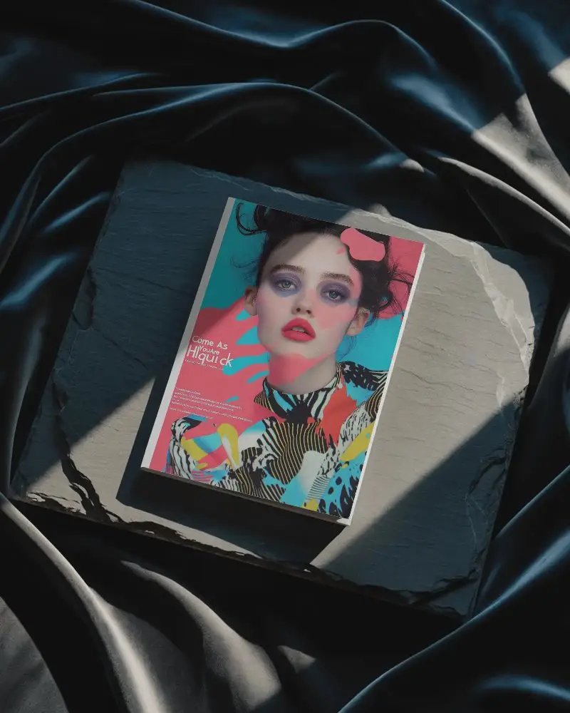 Elegant Shadowed Magazine Mockup On Dark Slate Stone With Soft Lighting And Black Silk Background 0249