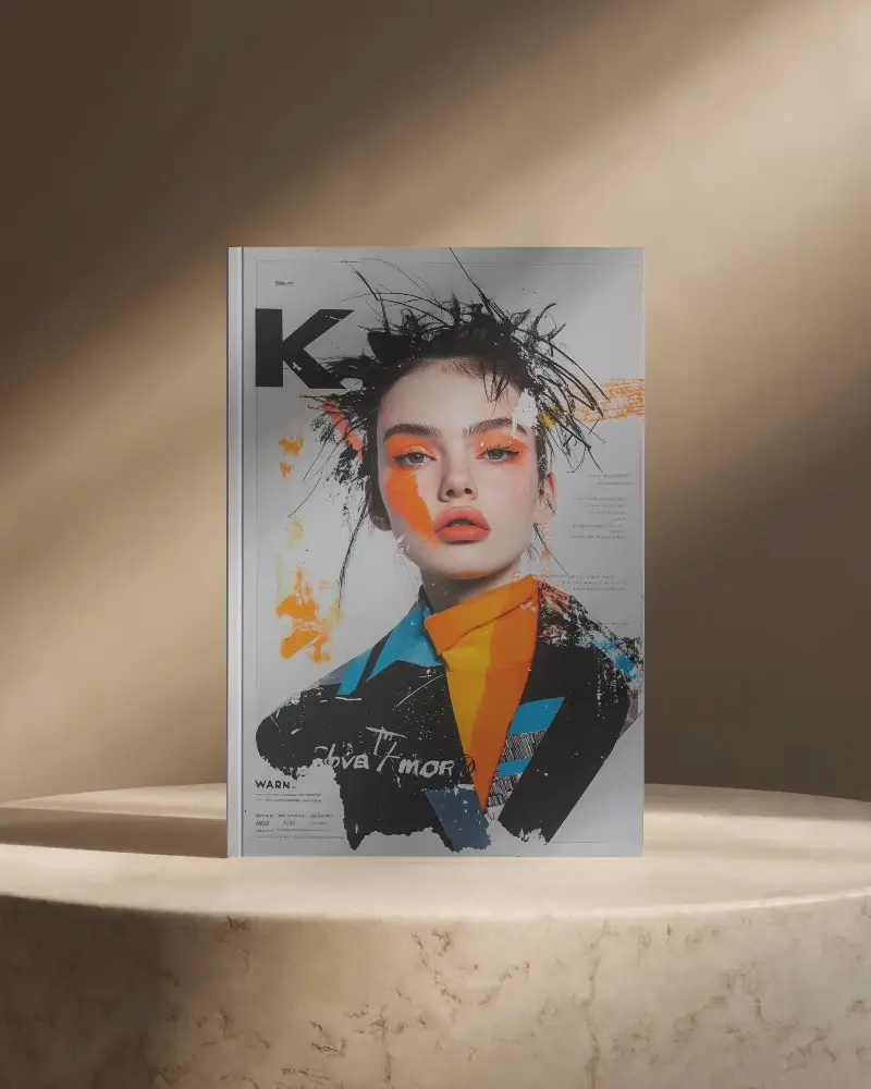 Minimal Editorial Magazine Mockup Standing On Polished Stone Pedestal With Dramatic Shadow Light Effect 0251