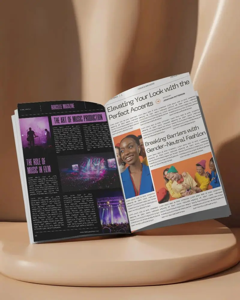 Modern Open Magazine Mockup On Curved Platform With Soft Beige Background And Balanced Lighting 0253