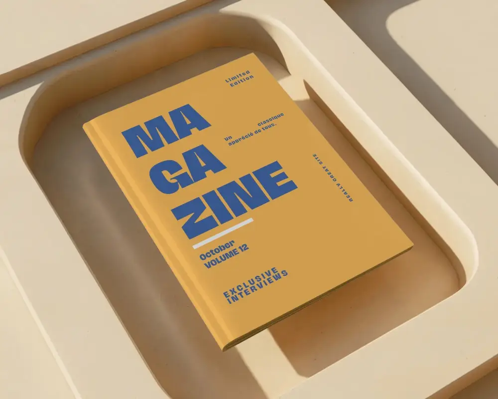 Minimal 3d Beige Podium Magazine Mockup Top Angle Flat Lay Soft Shadow Modern Editorial Style