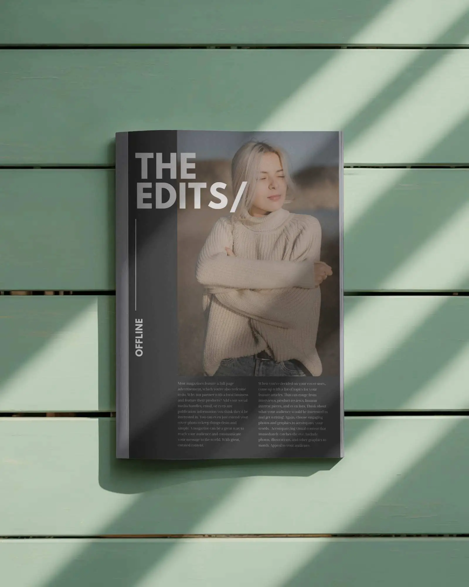 Sunlight Stripes Overhead Magazine Mockup On Mint Green Wooden Deck Modern Fresh Aesthetic