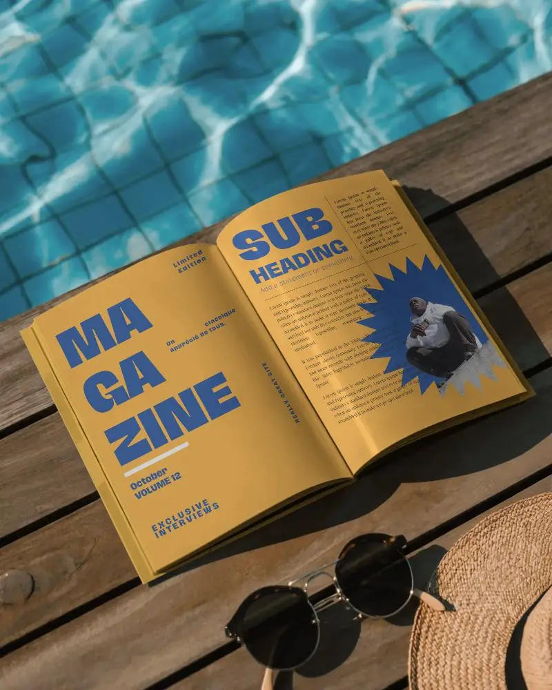 Summer Poolside Open Magazine Mockup With Sunglasses And Straw Hat Accessories 0337