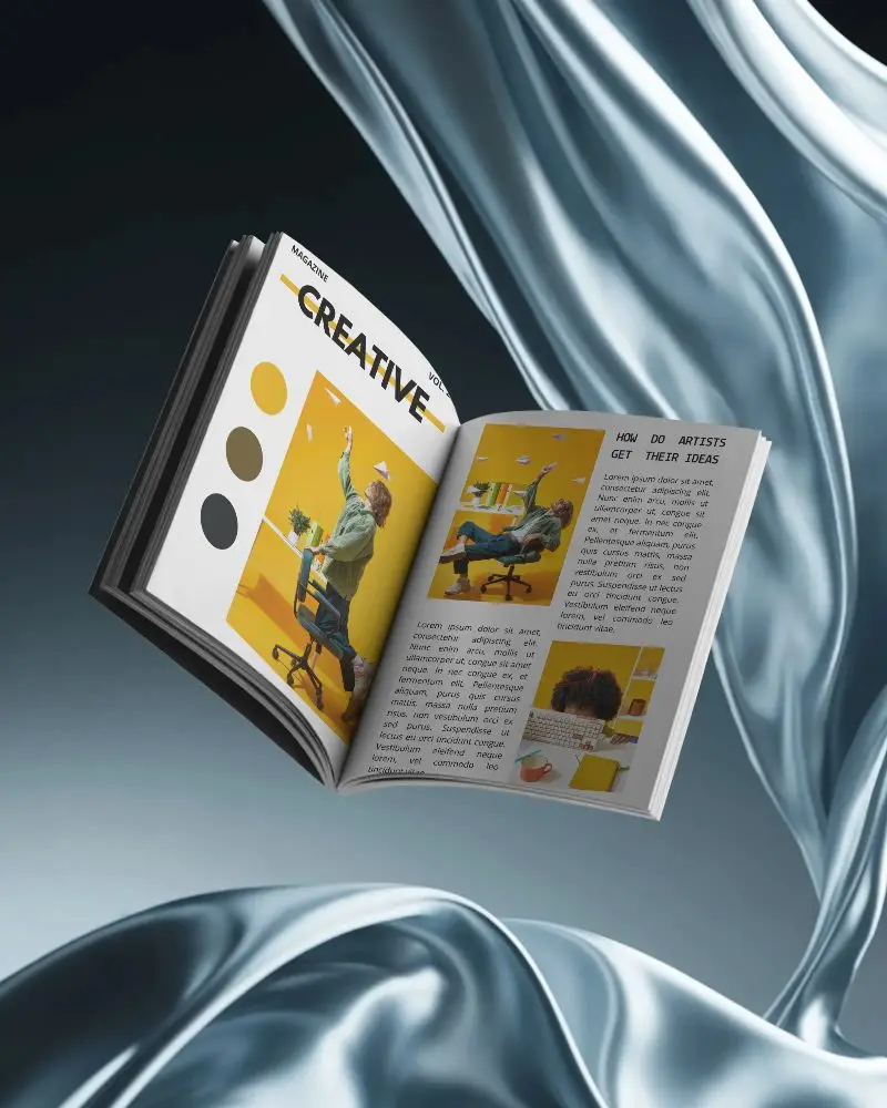 Stylish Magazine Mockup Floating With Fabric Background For Fashion And Lifestyle Branding 0338