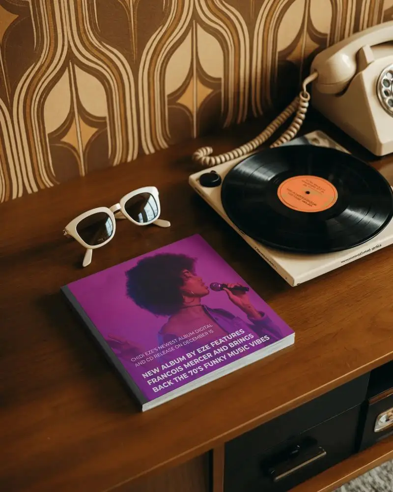 Modern Minimalist Magazine Mockup On Wooden Table With Vintage Record Player And Shades 0341