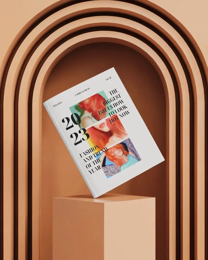 Arched Background Floating Magazine Mockup On Podium Modern Studio Visual Appeal