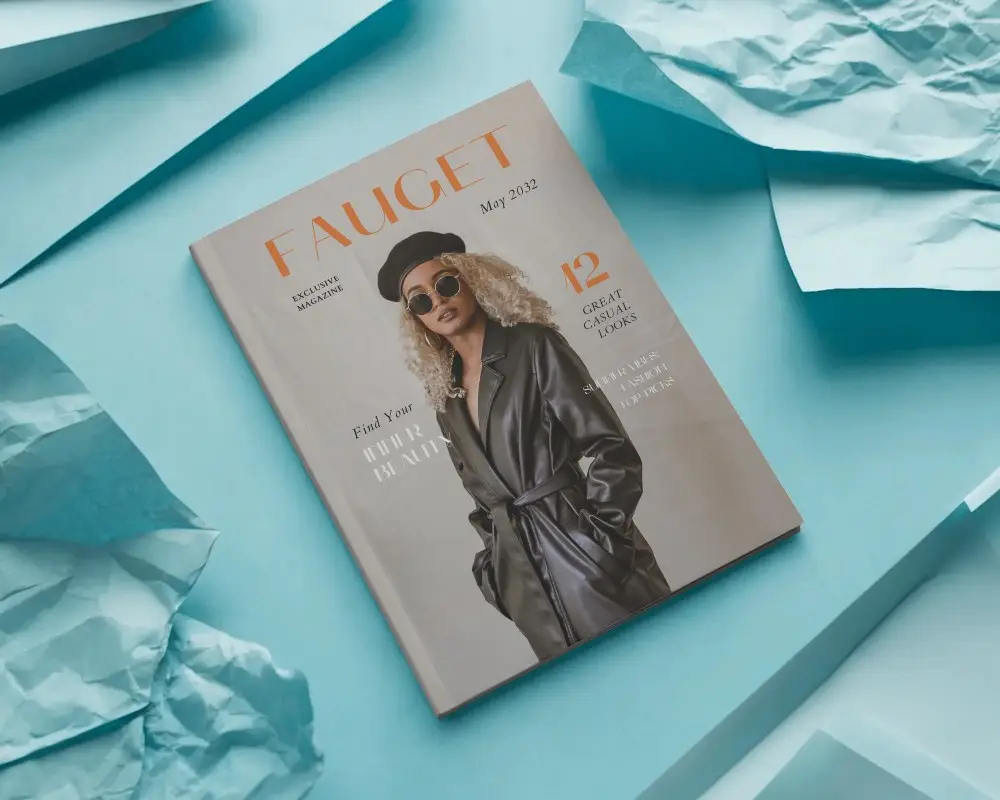 Realistic Magazine Mockup On Blue Paper Texture Background With Crumpled Sheets