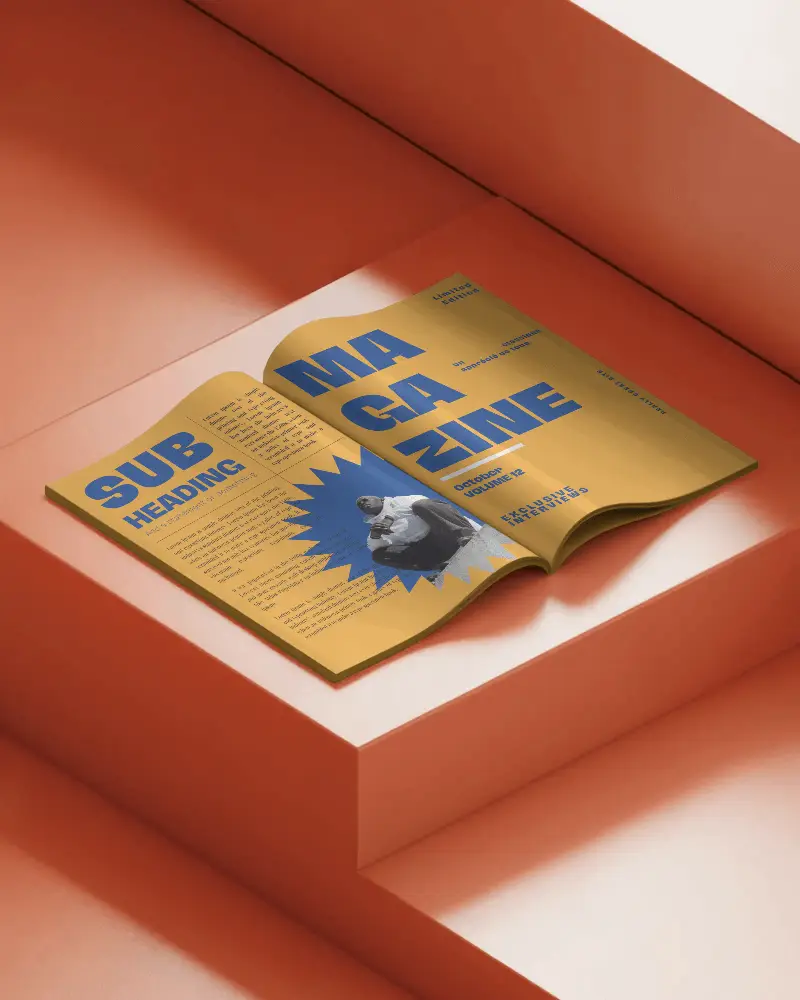 Open Magazine Mockup On Modern Minimalist Geometric Platform Perfect For Design Showcase