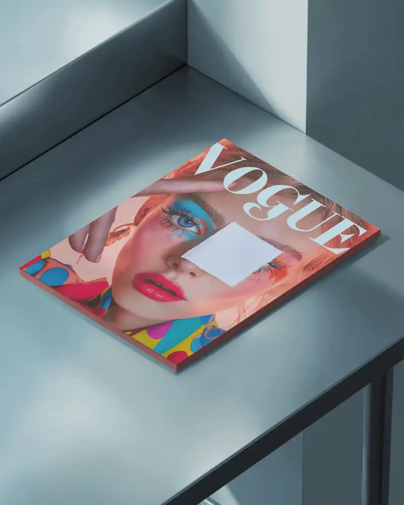 Minimalist Magazine Mockup On Modern Metallic Tabletop With Soft Natural Light Shadows