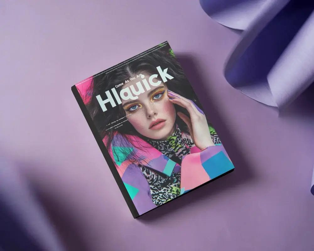 High Quality Photorealistic Magazine Mockup Placed On Soft Lavender Backdrop With Dramatic Lighting