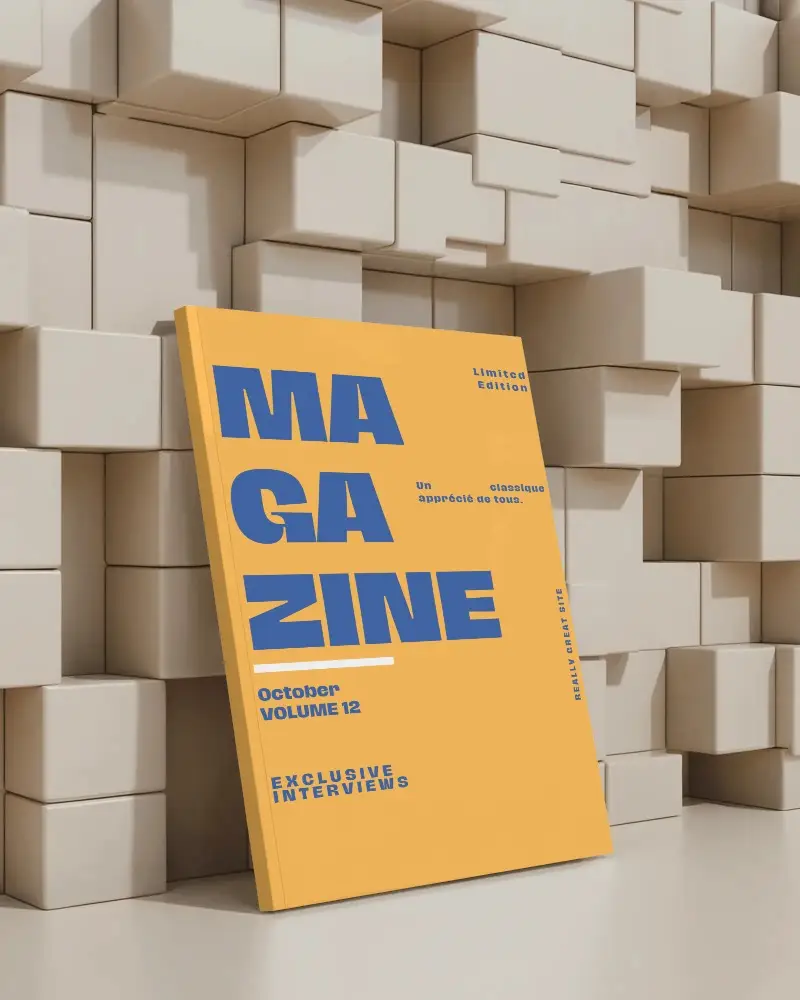 Sleek Magazine Mockup Positioned Against Neutral Boxes Background For Modern Visuals