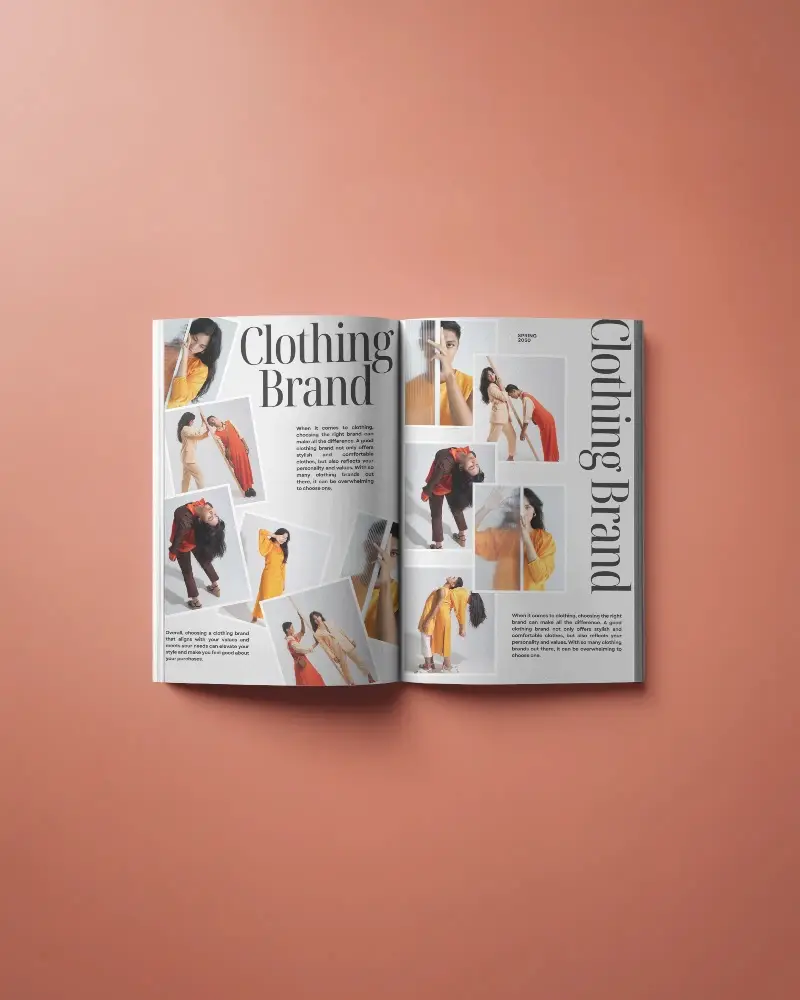 Open Magazine Laying Flat On Coral Background With Smooth Light Reflection Texture