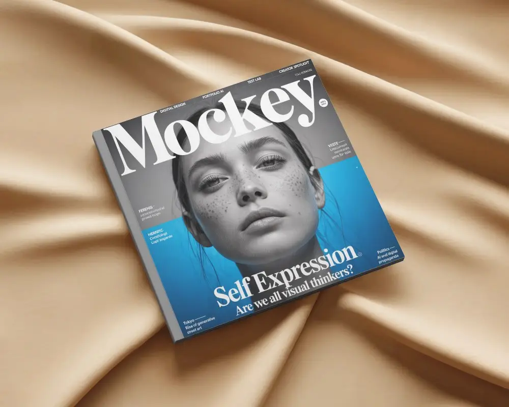 Square Magazine Mockup On Soft Fabric Background For Print Design Showcase