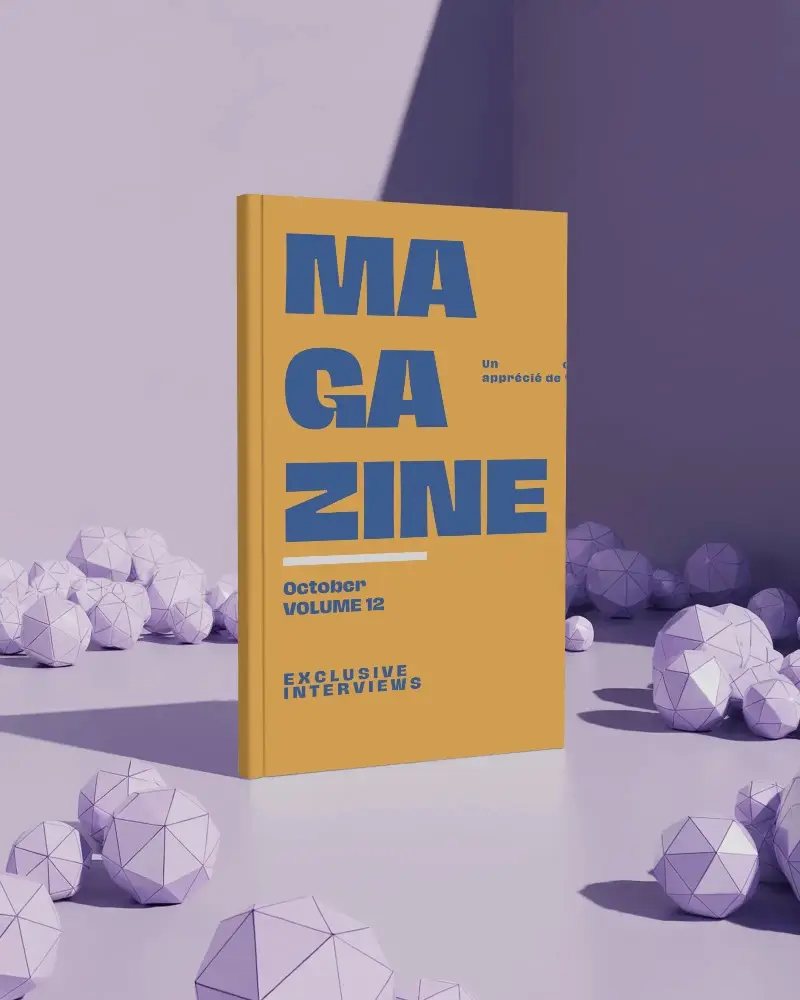editorial-magazine-mockup-in-purple-room-surrounded-by-low-poly-spheres-and-hard-shadow