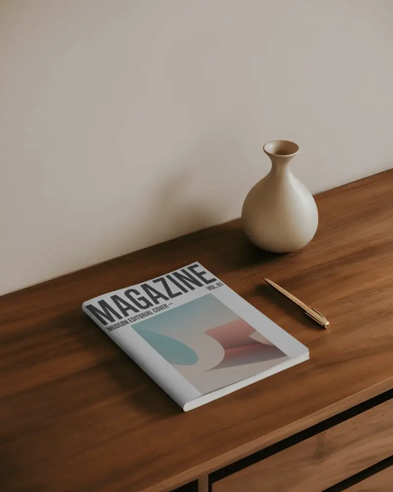clean-magazine-mockup-layout-on-wood-surface-with-pen-and-decorative-vase