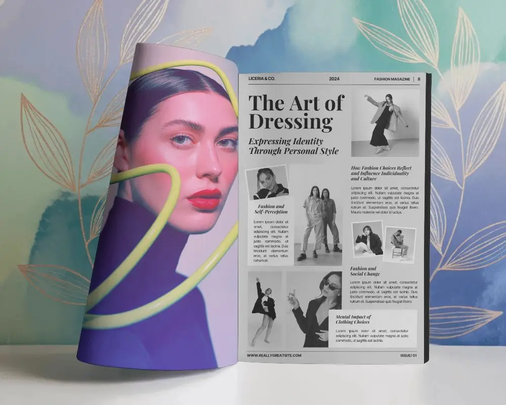 high-resolution-standing-magazine-mockup-featuring-open-pages-and-leaf-wall-illustration