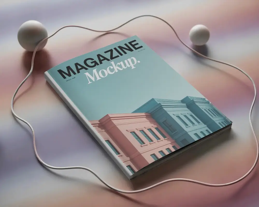 elegant-magazine-mockup-on-reflective-surface-accompanied-by-sphere-shapes-and-flowing-cables