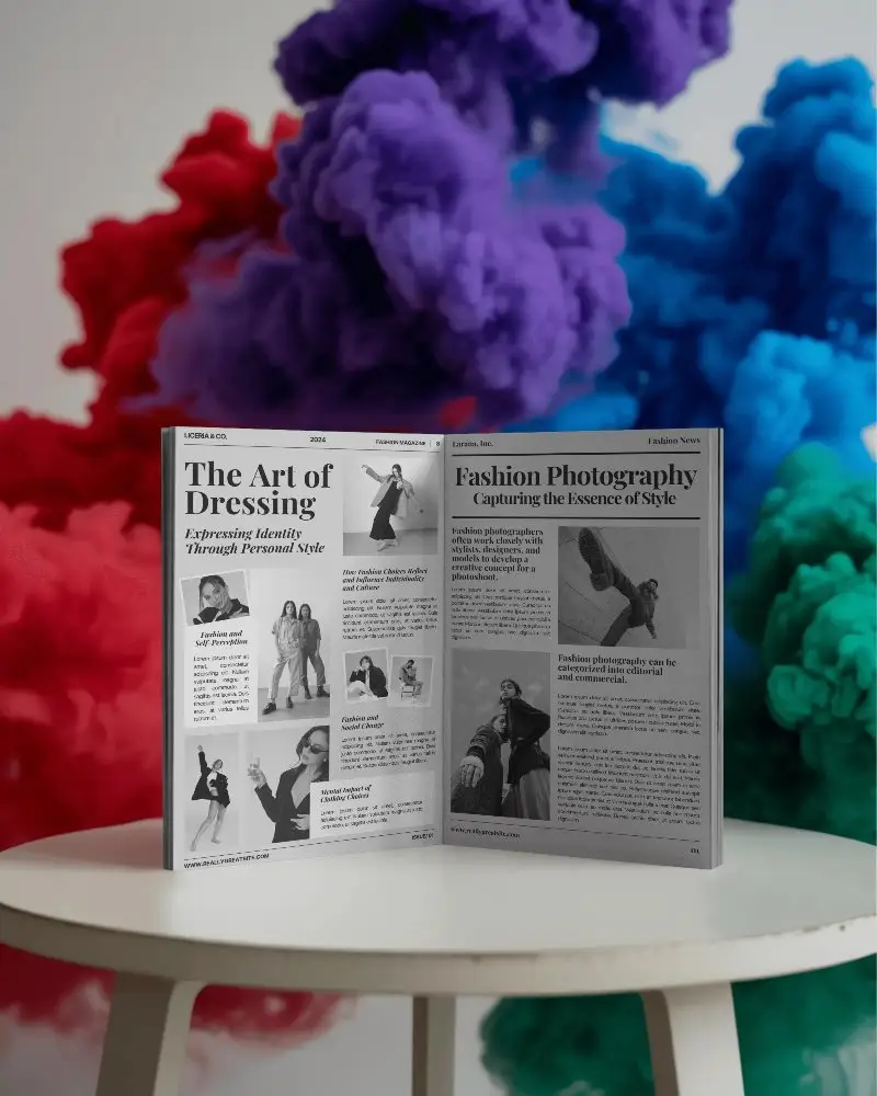open-magazine-mockup-placed-on-round-table-with-vibrant-smoke-background-for-display
