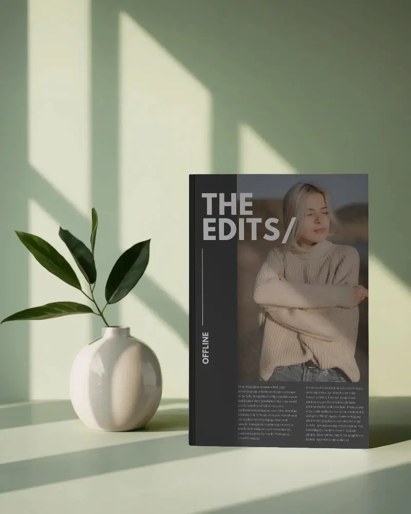 Minimalist Hardcover Magazine Mockup With Natural Light And Decorative Leaf Vase Background