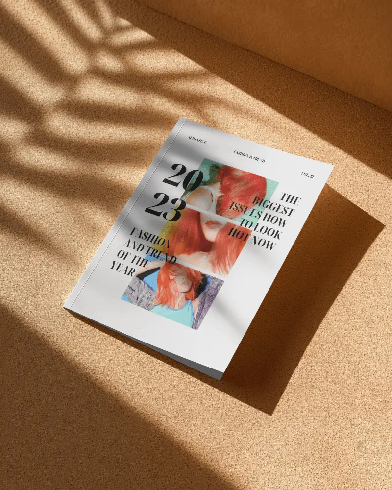 Magazine Mockup On Beige Surface With Tropical Shadow Overlay