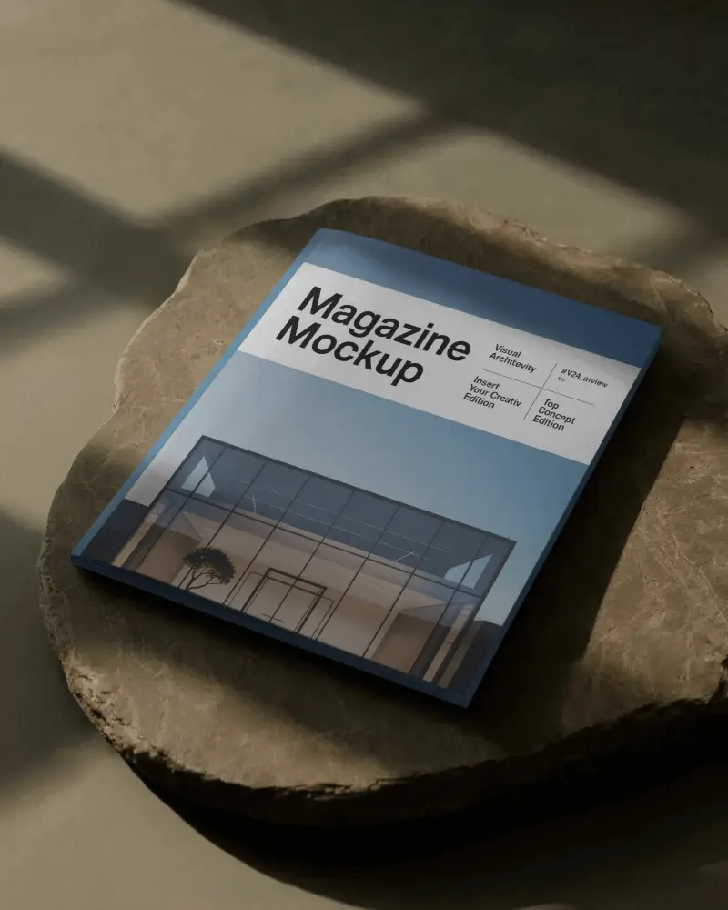 A4 Magazine Mockup On Stone Slab Natural Sunlight Realistic