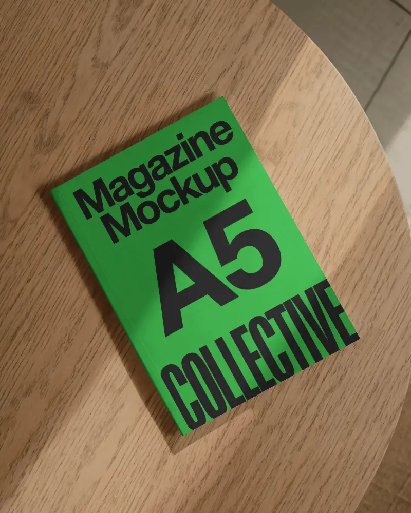 Magazine Mockup On Wooden Table With Sunlight Shadows