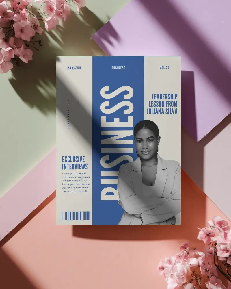 Elegant Minimalist Magazine Mockup With Floral Elements And Soft Pastel Background Design