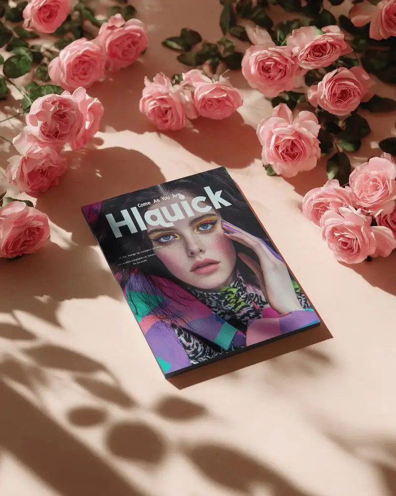 Elegant Magazine Mockup With Rose Flowers And Natural Light For Fashion Beauty Ads