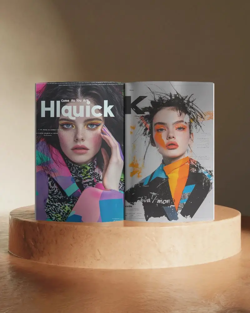 Open Magazine Mockup On Round Pedestal With Subtle Texture Background For Showcase