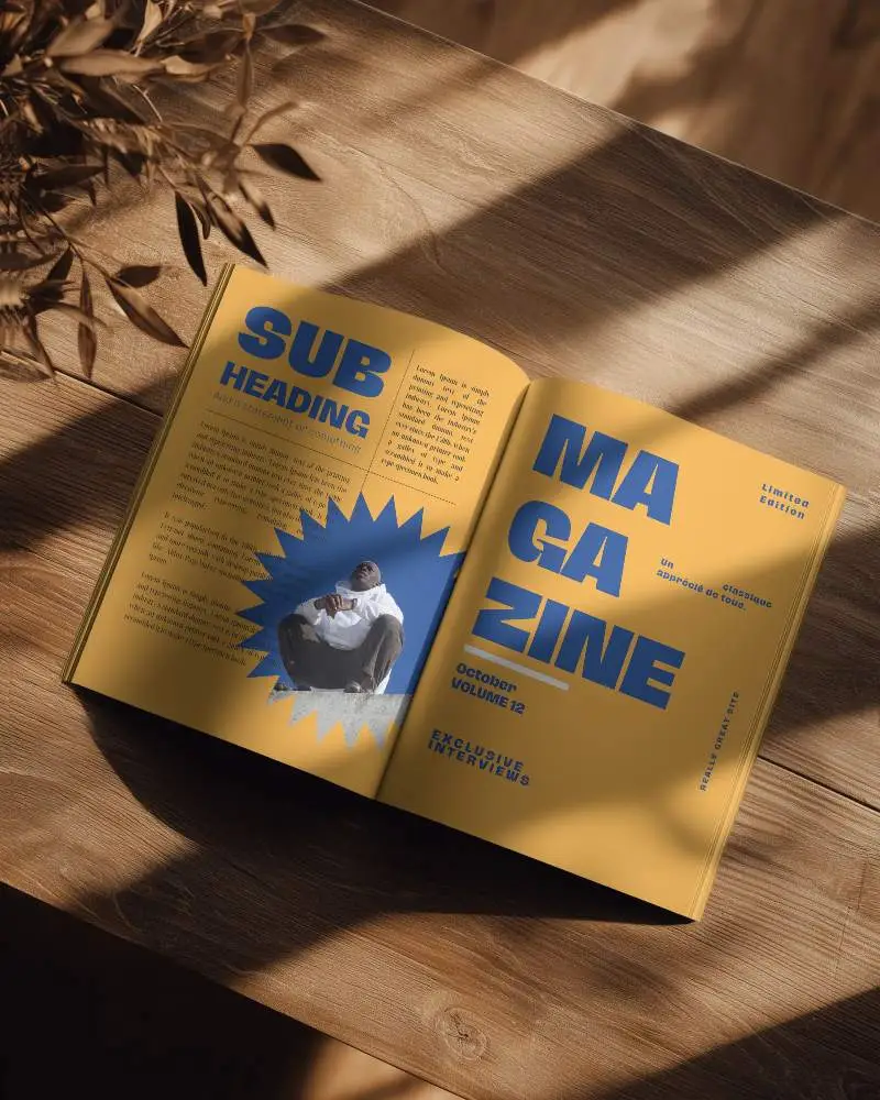 Elegant Open Magazine Mockup With Natural Light And Shadows Over Wooden Table