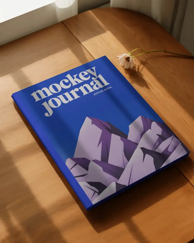 Elegant Hardcover Magazine Mockup On Wooden Table With Natural Light Shadow Effect