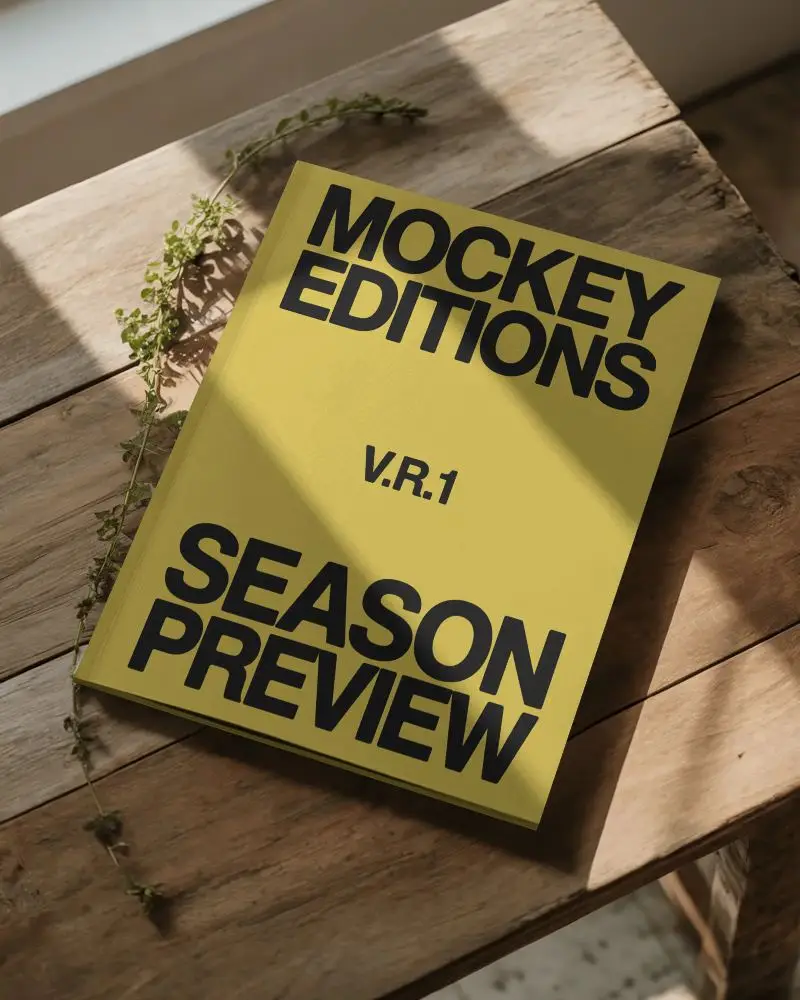 Minimalist Clean Magazine Mockup On Natural Wooden Table With Soft Natural Light And Herbs