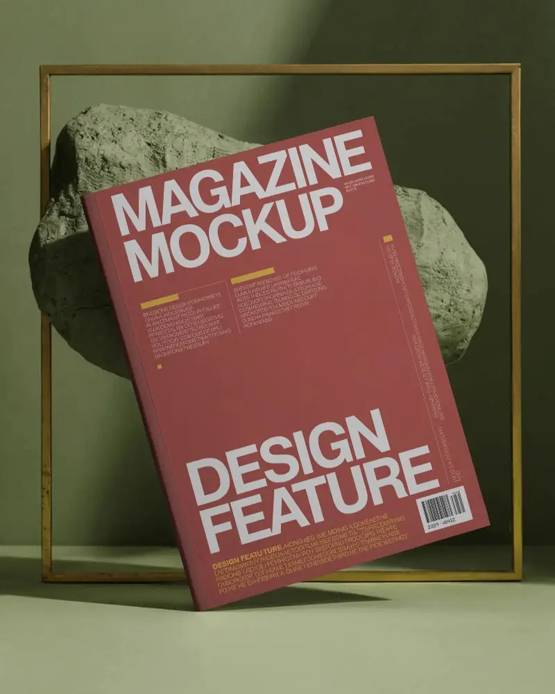 Hardcover Magazine Mockup With Floating Stone Background For Modern Publishing Designs