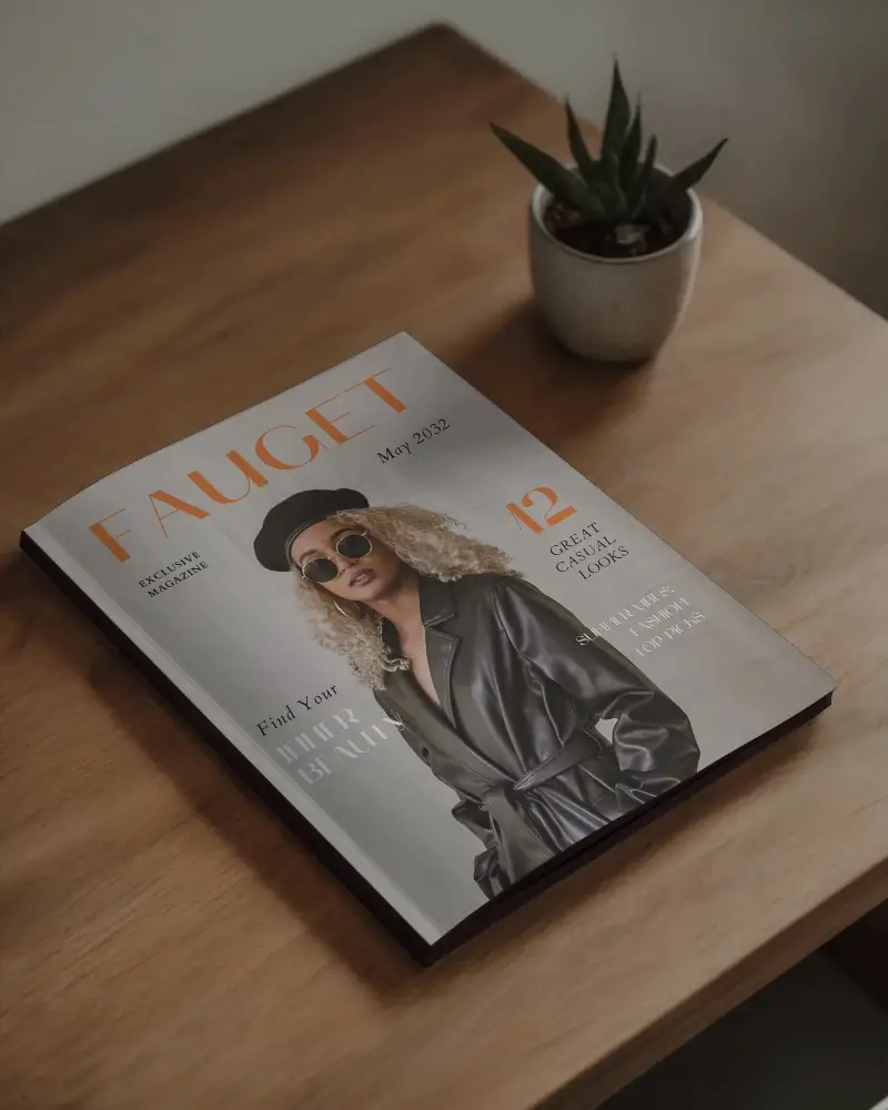 Premium Print Magazine Mockup Placed On Textured Wood Surface With Simple Plant Decor